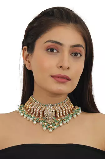 Festive Necklace Set In  Gold Plating, Carved Uniquely With Sea Green Beads And Pearls
