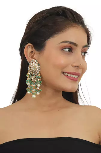 Festive Necklace Set In  Gold Plating, Carved Uniquely With Sea Green Beads And Pearls