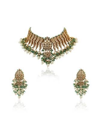 Festive Necklace Set In  Gold Plating, Carved Uniquely With Sea Green Beads And Pearls 6