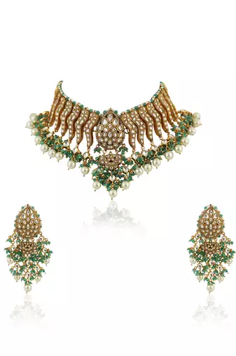 Festive Necklace Set In  Gold Plating, Carved Uniquely With Sea Green Beads And Pearls