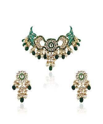 Green Choker Necklace Set With Chand Design In  Gold Plating 2