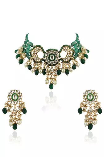 Green Choker Necklace Set With Chand Design In  Gold Plating