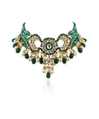 Green Choker Necklace Set With Chand Design In  Gold Plating 3