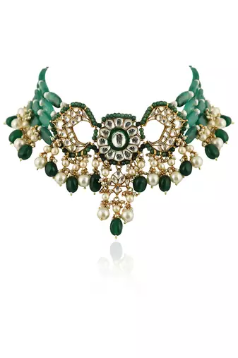 Green Choker Necklace Set With Chand Design In  Gold Plating