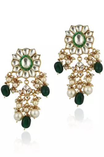 Green Choker Necklace Set With Chand Design In  Gold Plating
