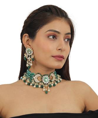 Green Choker Necklace Set With Chand Design In  Gold Plating 1