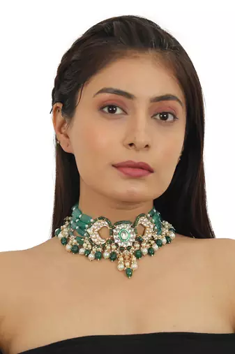 Green Choker Necklace Set With Chand Design In  Gold Plating