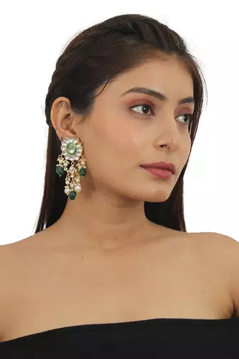 Green Choker Necklace Set With Chand Design In  Gold Plating