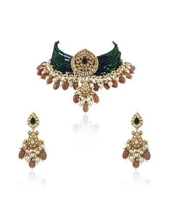 Gold Plated Choker Necklace Set With Blue And Green Belt, Beaded With Pastel Pink Beads 2