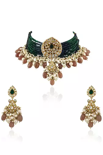 Gold Plated Choker Necklace Set With Blue And Green Belt, Beaded With Pastel Pink Beads