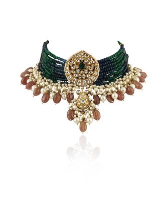 Gold Plated Choker Necklace Set With Blue And Green Belt, Beaded With Pastel Pink Beads 3