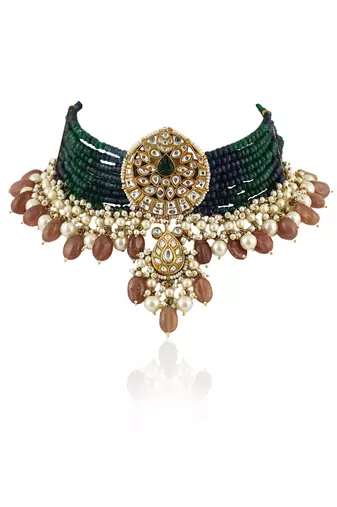 Gold Plated Choker Necklace Set With Blue And Green Belt, Beaded With Pastel Pink Beads