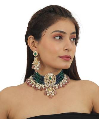 Gold Plated Choker Necklace Set With Blue And Green Belt, Beaded With Pastel Pink Beads 1