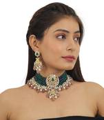 Gold Plated Choker Necklace Set With Blue And Green Belt, Beaded With Pastel Pink Beads