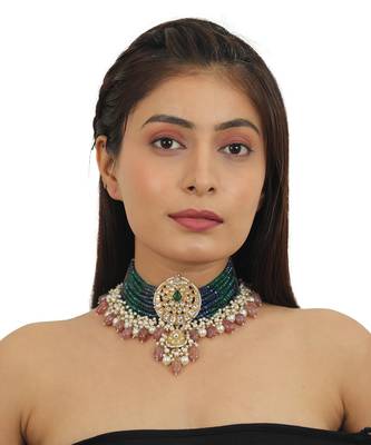 Gold Plated Choker Necklace Set With Blue And Green Belt, Beaded With Pastel Pink Beads 5
