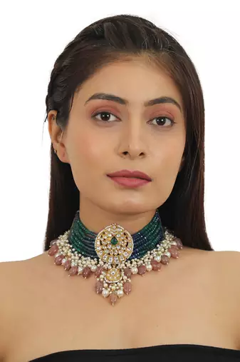 Gold Plated Choker Necklace Set With Blue And Green Belt, Beaded With Pastel Pink Beads
