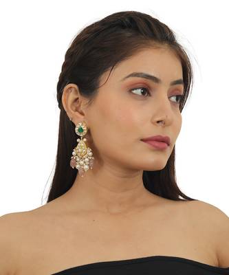 Gold Plated Choker Necklace Set With Blue And Green Belt, Beaded With Pastel Pink Beads 6