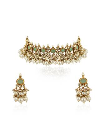 Light Green Choker Set With White Pearl 4