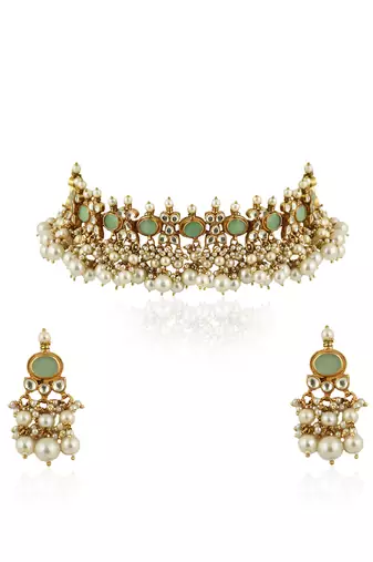 Light Green Choker Set With White Pearl
