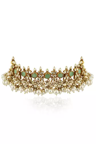 Light Green Choker Set With White Pearl