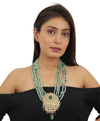 5 Line Sea Green Maala Necklace With Big Pendant Hanging 1