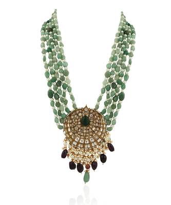 5 Line Sea Green Maala Necklace With Big Pendant Hanging 2