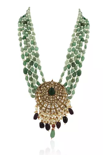 5 Line Sea Green Maala Necklace With Big Pendant Hanging