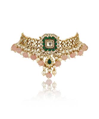 Green And White Choker Set With Light Pink Beads And Pearl 2
