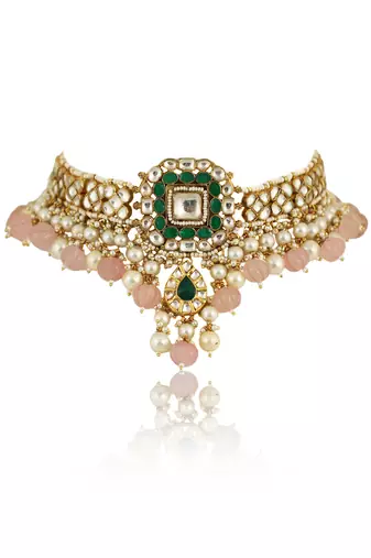 Green And White Choker Set With Light Pink Beads And Pearl