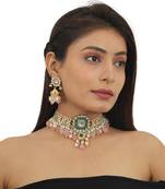 Green And White Choker Set With Light Pink Beads And Pearl