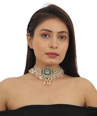 Green And White Choker Set With Light Pink Beads And Pearl 4