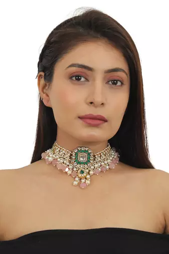 Green And White Choker Set With Light Pink Beads And Pearl