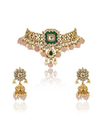 Green And White Choker Set With Light Pink Beads And Pearl 6