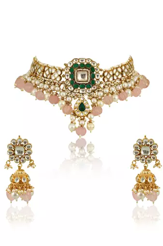 Green And White Choker Set With Light Pink Beads And Pearl