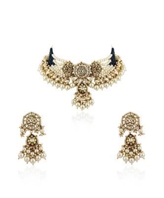 Blue Meenawork Choker Set With White Pearl 2