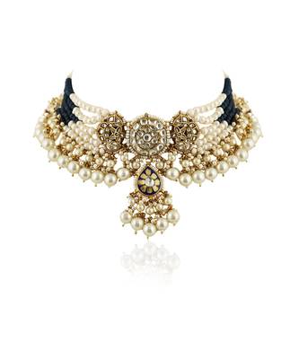 Blue Meenawork Choker Set With White Pearl 3