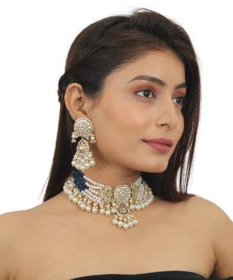 Blue Meenawork Choker Set With White Pearl 1
