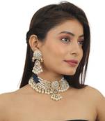 Blue Meenawork Choker Set With White Pearl