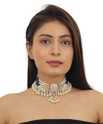 Blue Meenawork Choker Set With White Pearl 5