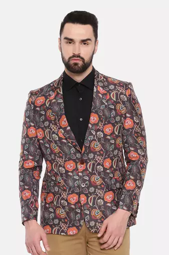 Black Printed Cotton Two Button Blazer
