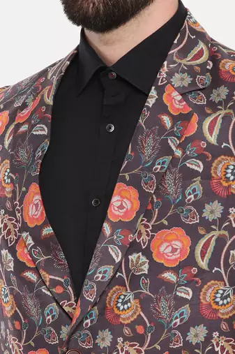 Black Printed Cotton Two Button Blazer