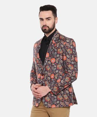 Black Printed Cotton Two Button Blazer 4