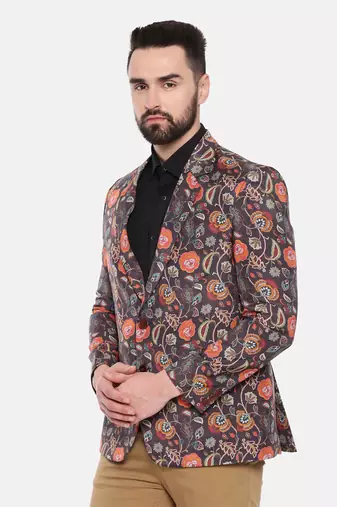 Black Printed Cotton Two Button Blazer
