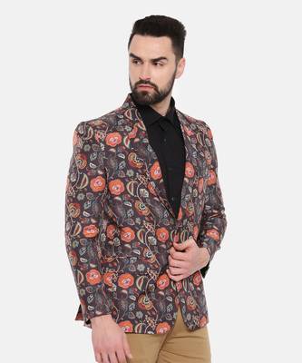 Black Printed Cotton Two Button Blazer 5