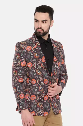 Black Printed Cotton Two Button Blazer