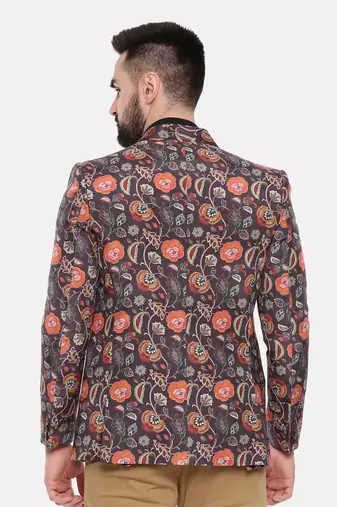 Black Printed Cotton Two Button Blazer