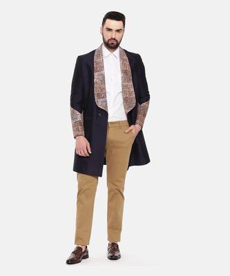 Blue Silk Linen Long Trench Coat 1