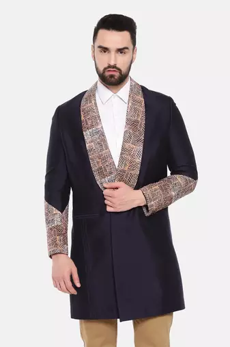 Blue Silk Linen Long Trench Coat