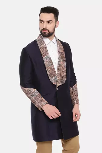 Blue Silk Linen Long Trench Coat