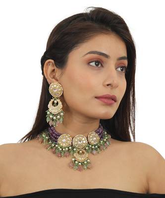 Purple Moti Line Choker Set Beadded Sea Green Beads 1
